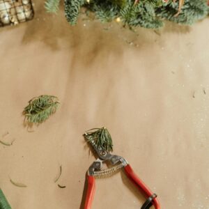 Pliers with Green Pine Leaves on a Brown Surface